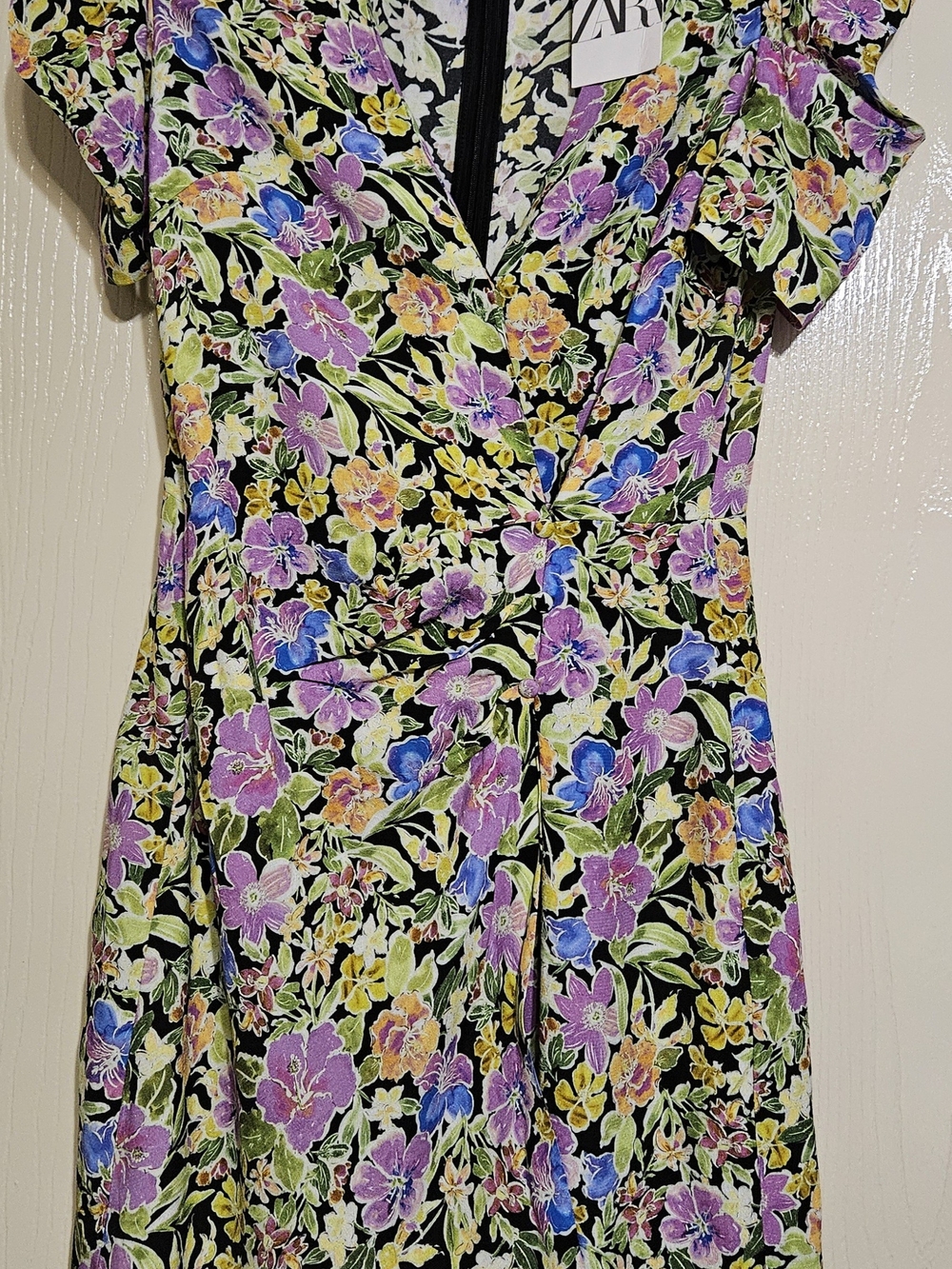 Zara Black Floral Mini Dress with Purple, Blue & Yellow Blooms, New, size Small.